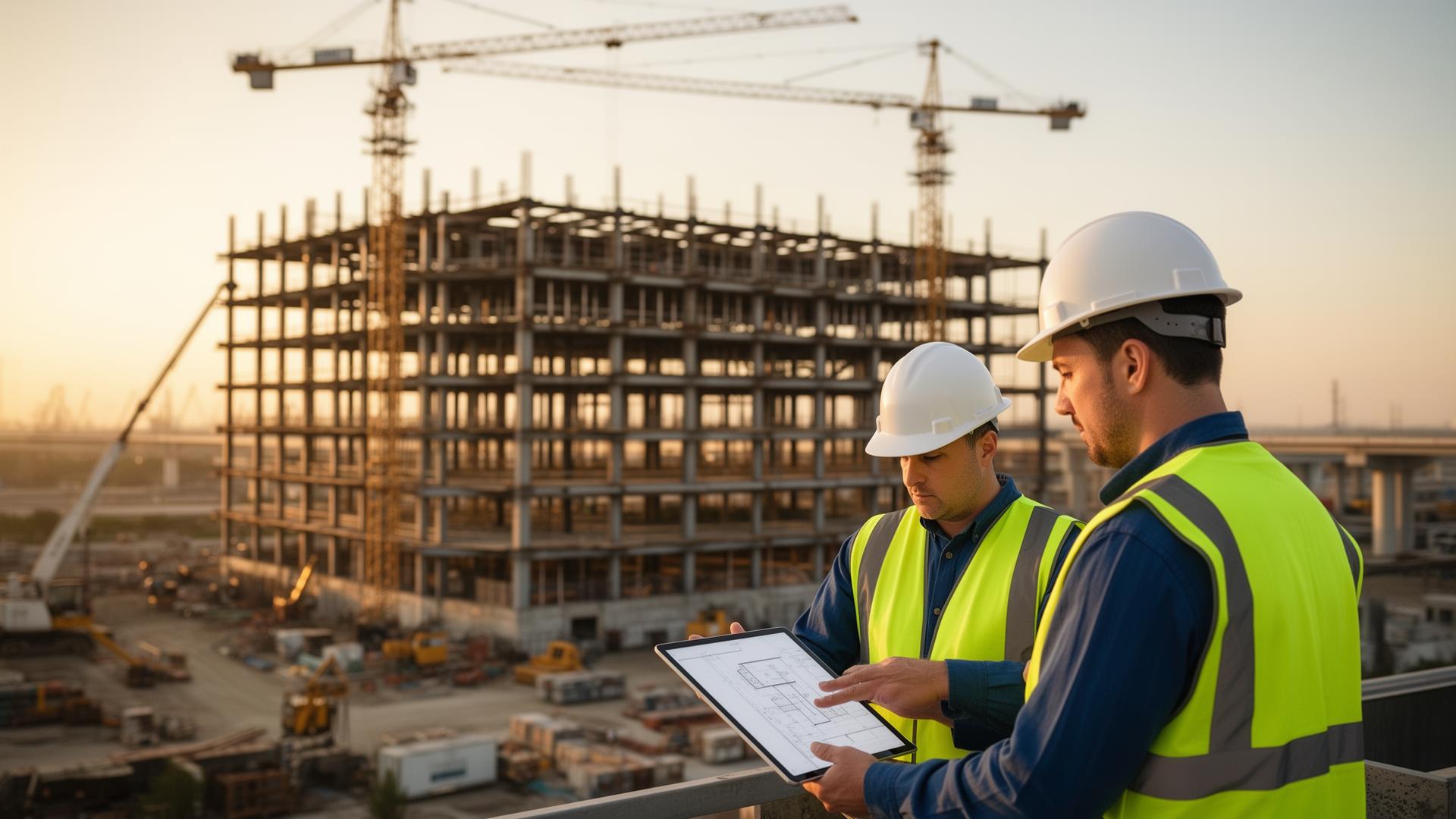 Construction team reviewing plans at a large commercial build site at golden hour