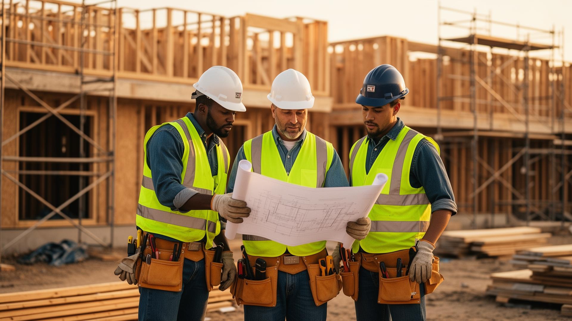 Construction crew reviewing blueprints on an affordable housing job site