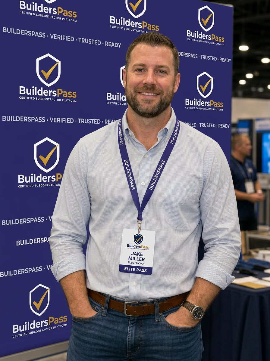 American subcontractor wearing a BuildersPass lanyard badge at a trade show